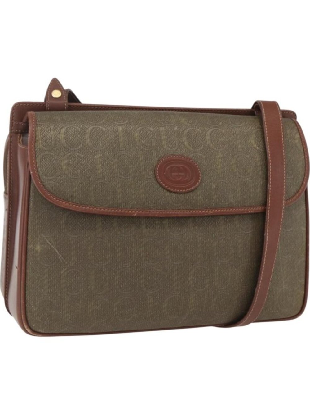 GUCCI Shoulder Bag Leather Canvas Brown Gold
